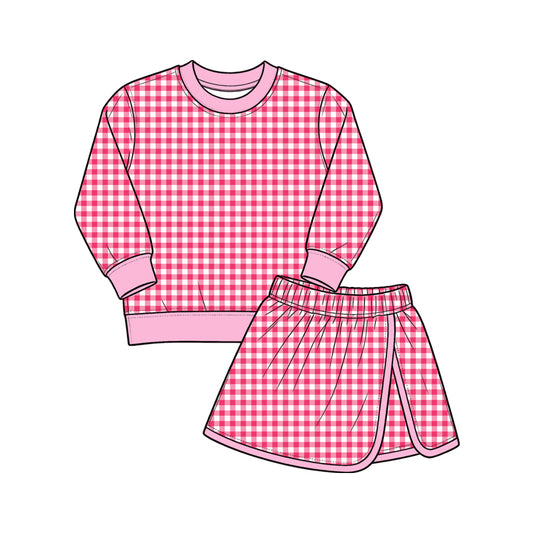 Hot pink plaid long sleeve yoga top matching skorts girls outfit preorder