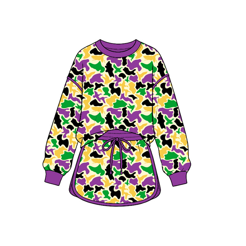 Mardi gras camo duck print long sleeve top matching  skirt girls outfit preorder
