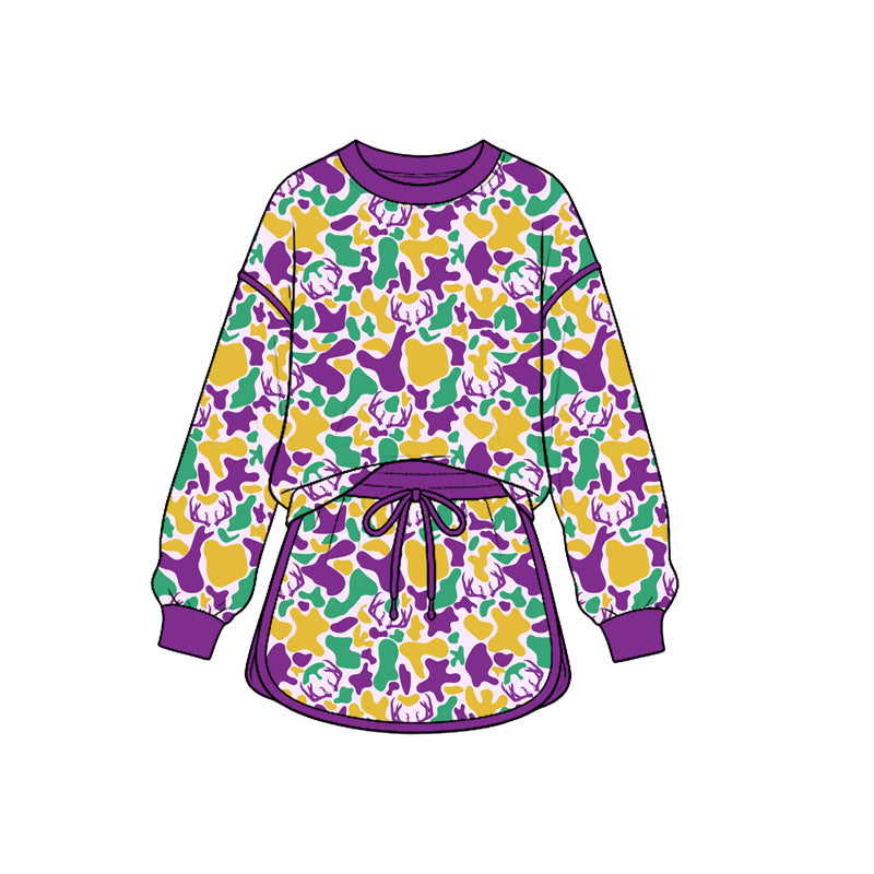 Mardi gras camo deer print long sleeve top matching  skirt girls outfit preorder