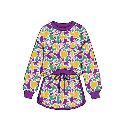 Mardi gras camo deer print long sleeve top matching  skirt girls outfit preorder