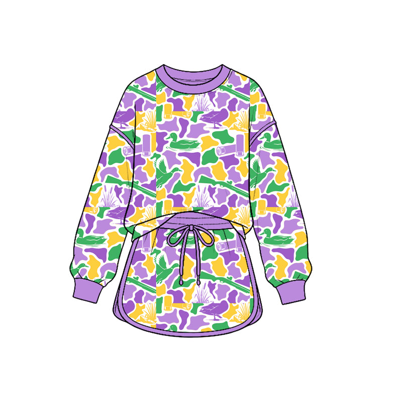 Mardi gras camo duck print long sleeve top matching  skirt girls outfit preorder