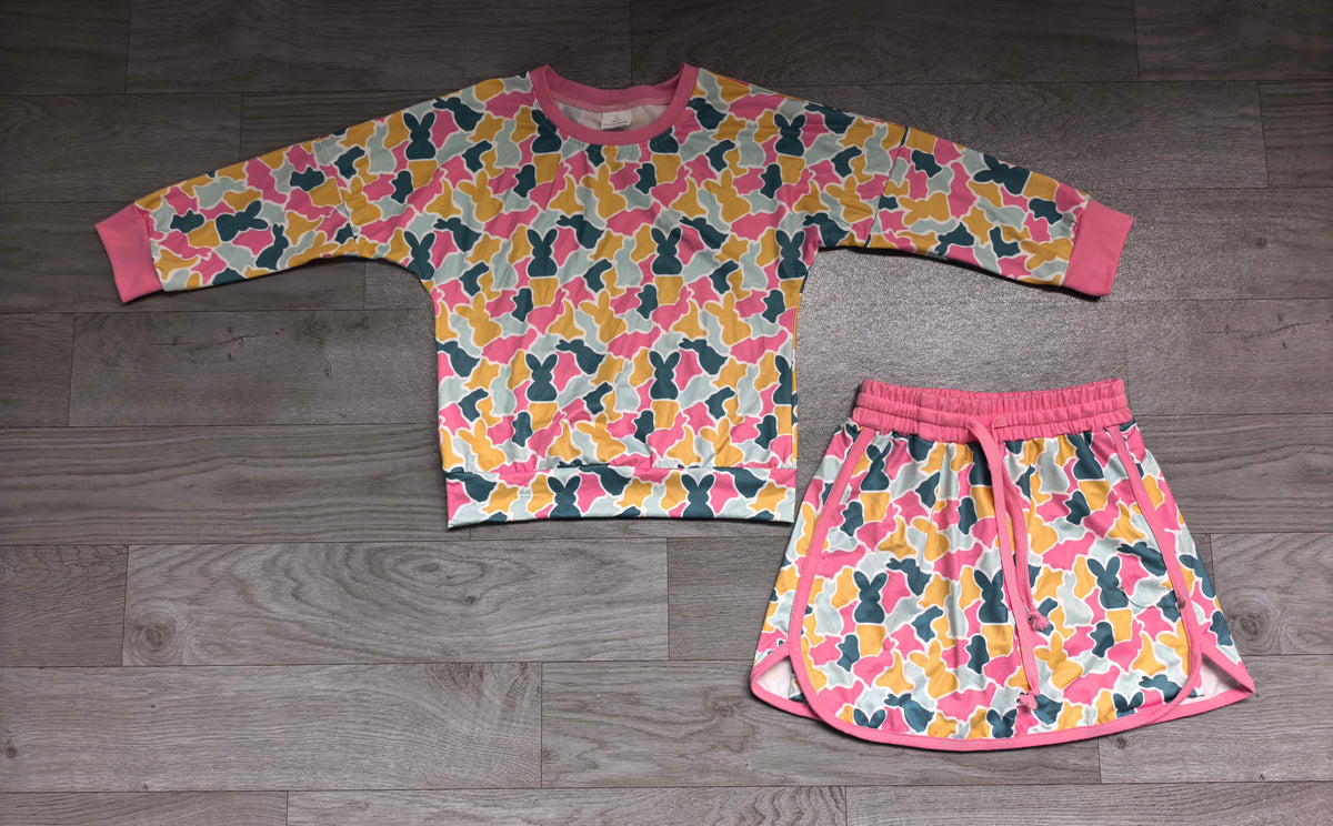 Easter camo bunny print long sleeve top matching  skirt girls outfit preorder