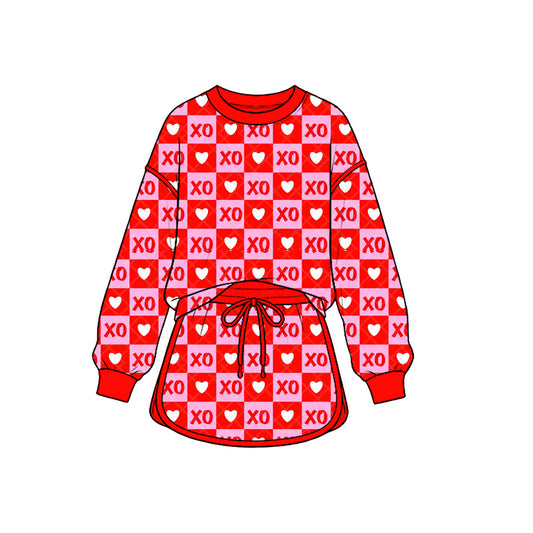 Valentines day xoxo print long sleeve top matching  skirt girls outfit preorder