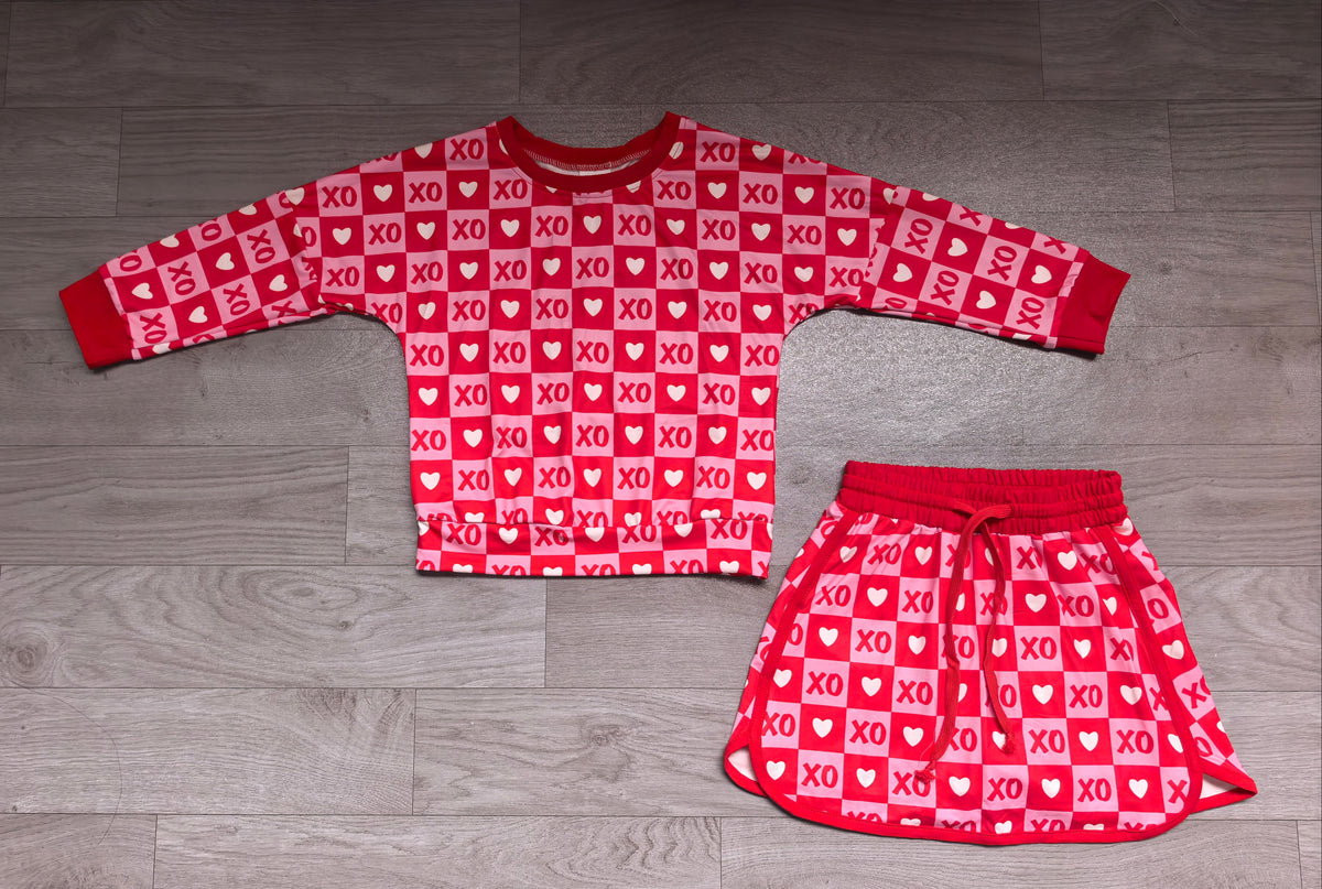 Valentines day xoxo print long sleeve top matching  skirt girls outfit preorder