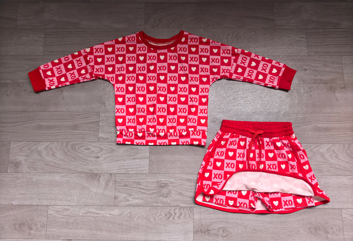 Valentines day xoxo print long sleeve top matching  skirt girls outfit preorder