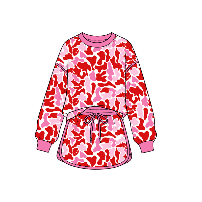 Valentines day camo print long sleeve top matching  skirt girls outfit preorder