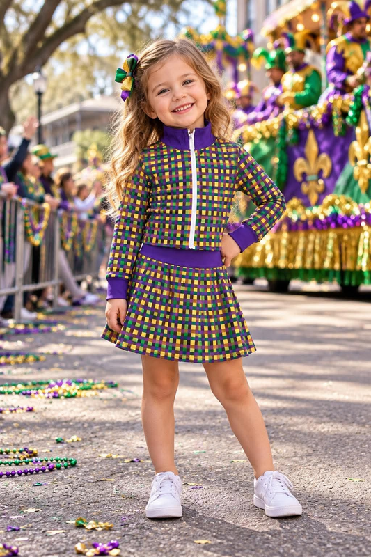 Mardi Gras long sleeve yoga pullover top matching skorts girls outfit preorder