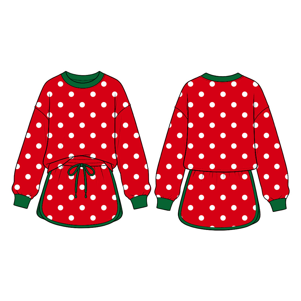 Christmas red polka dots girls long sleeve top skirt set outfit preorder