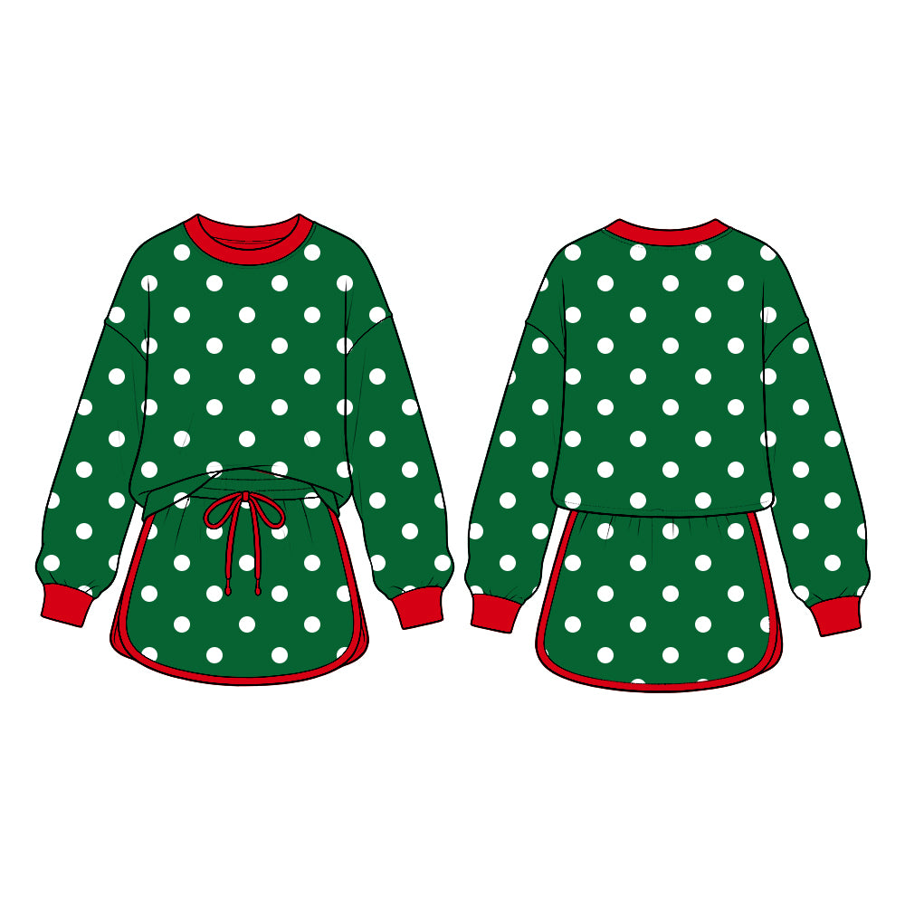 Christmas green polka dots girls long sleeve top skirt set outfit preorder