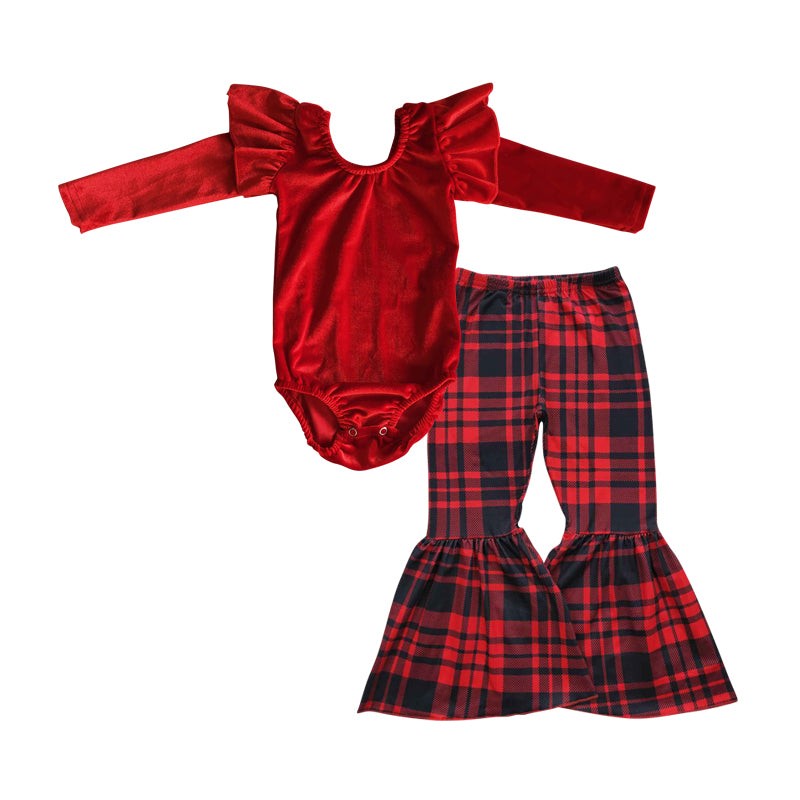 Christmas holiday Red velvet romper bell  bottom outfit