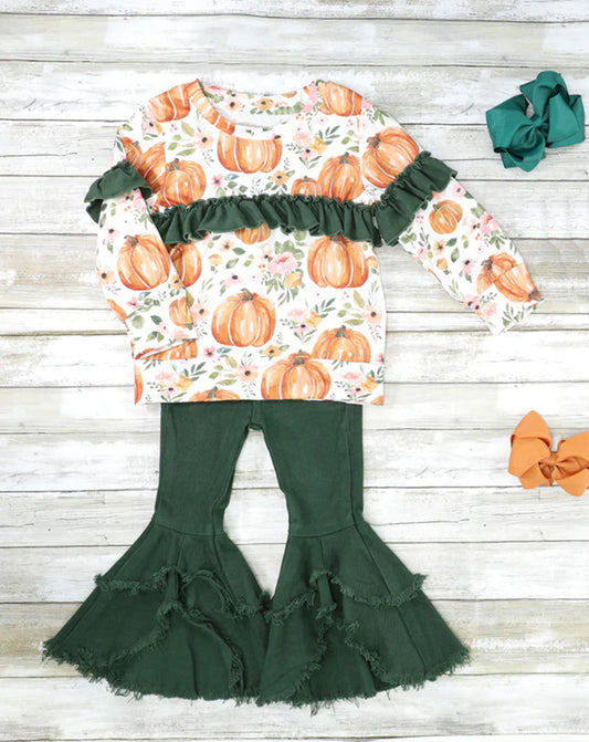 preorder girls pumpkin top green denim pants fall outfit