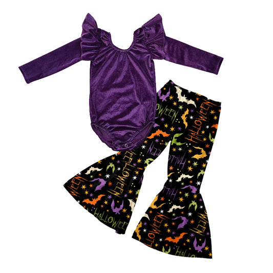 Pre order long sleeve purple velvet romper Halloween bell bottoms outfit