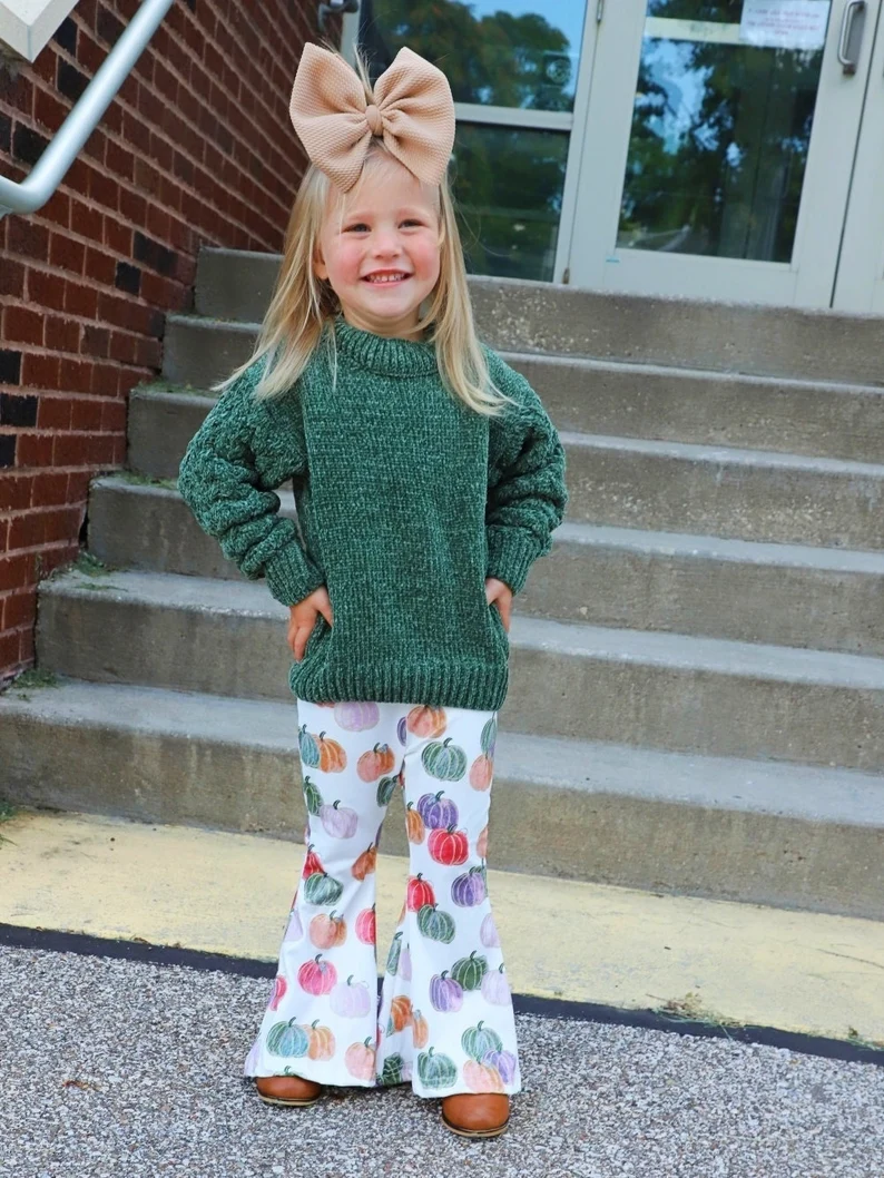 green long sleeve sweater pumpkin bell bottoms fall outfit