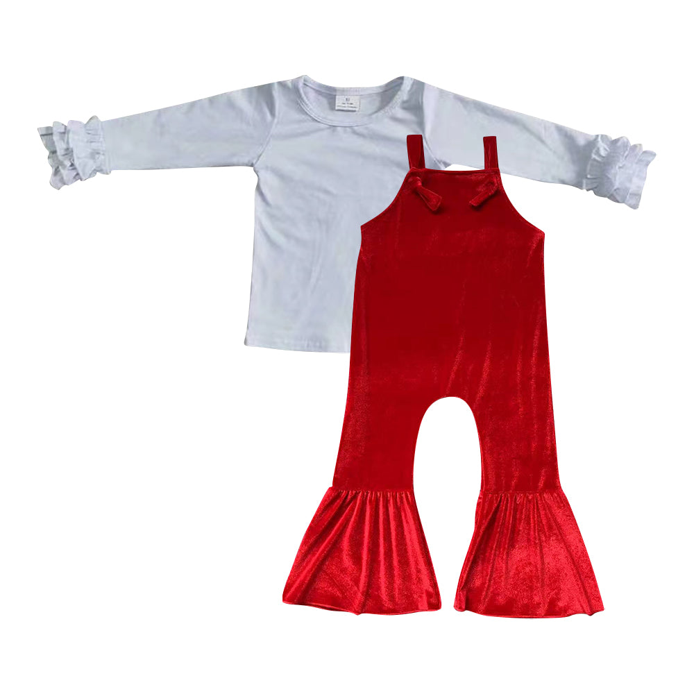 White long sleeve cotton top Christmas red velvet overall 2pcs clothing set