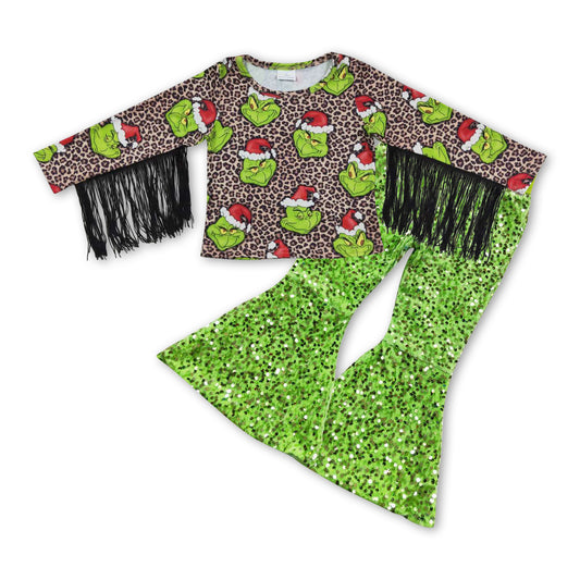 Toddle girls Green cartoon Merry Christmas top green sequins pants outfit