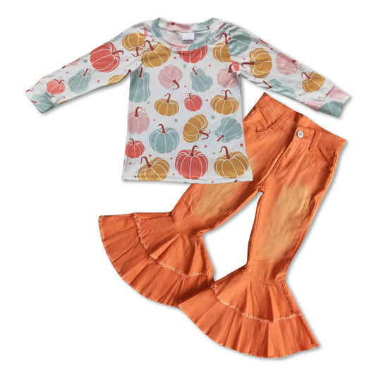 kids pumpkin top orange denim bell bottoms clothes set