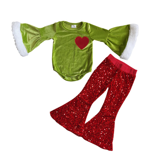 girls long sleeve velvet romper red sequins bell bottoms pants Christmas outfit