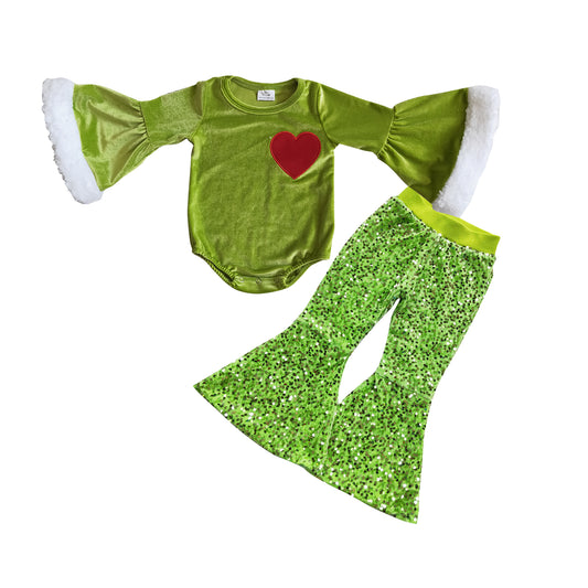 girls long sleeve velvet romper green sequins bell bottoms pants Christmas outfit