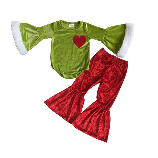 girls long sleeve velvet leotards romper red velvet bell bottoms pants Christmas outfit
