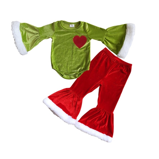 girls long sleeve velvet leotards romper red velvet bell bottoms pants Christmas outfit