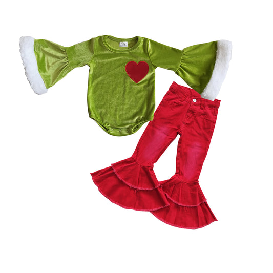 girls long sleeve velvet romper red denim pants Christmas outfit