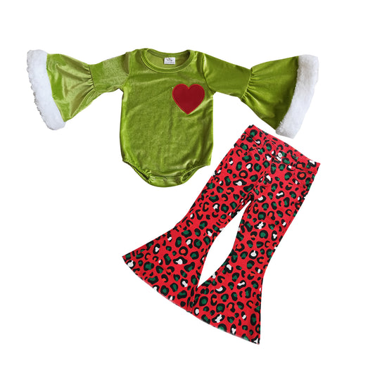 girls long sleeve velvet romper cheetah denim pants Christmas outfit