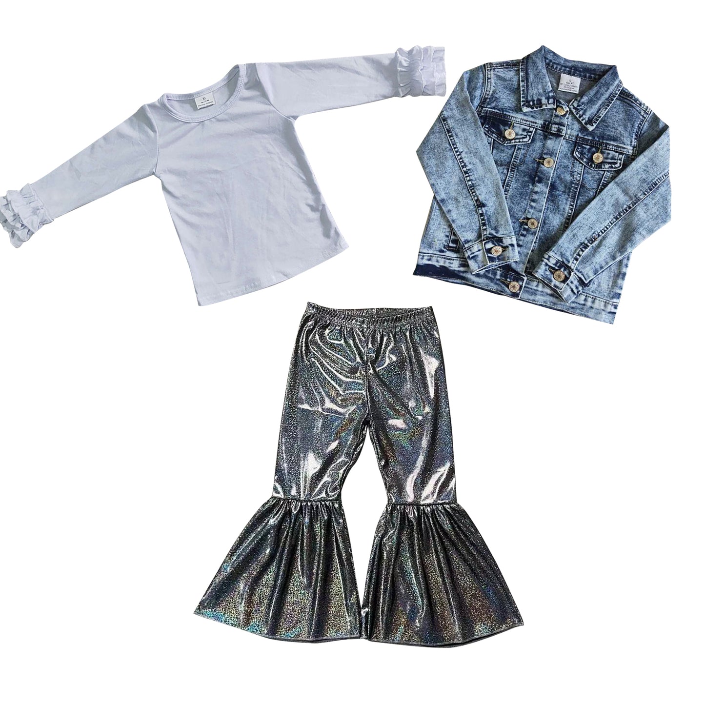 children girls long sleeve top jeans coat disco pants 3pcs boutique clothing set