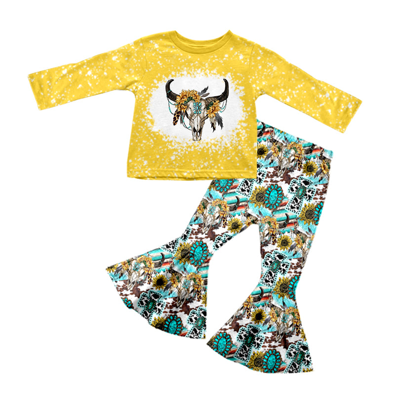 wholesale girls cow top matching bell bottoms clothing set preorder