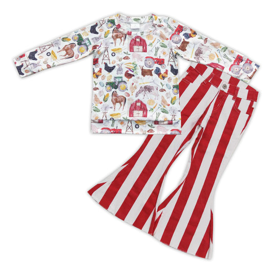 girls long sleeve farm animal top red white stripes jeans pants outfit