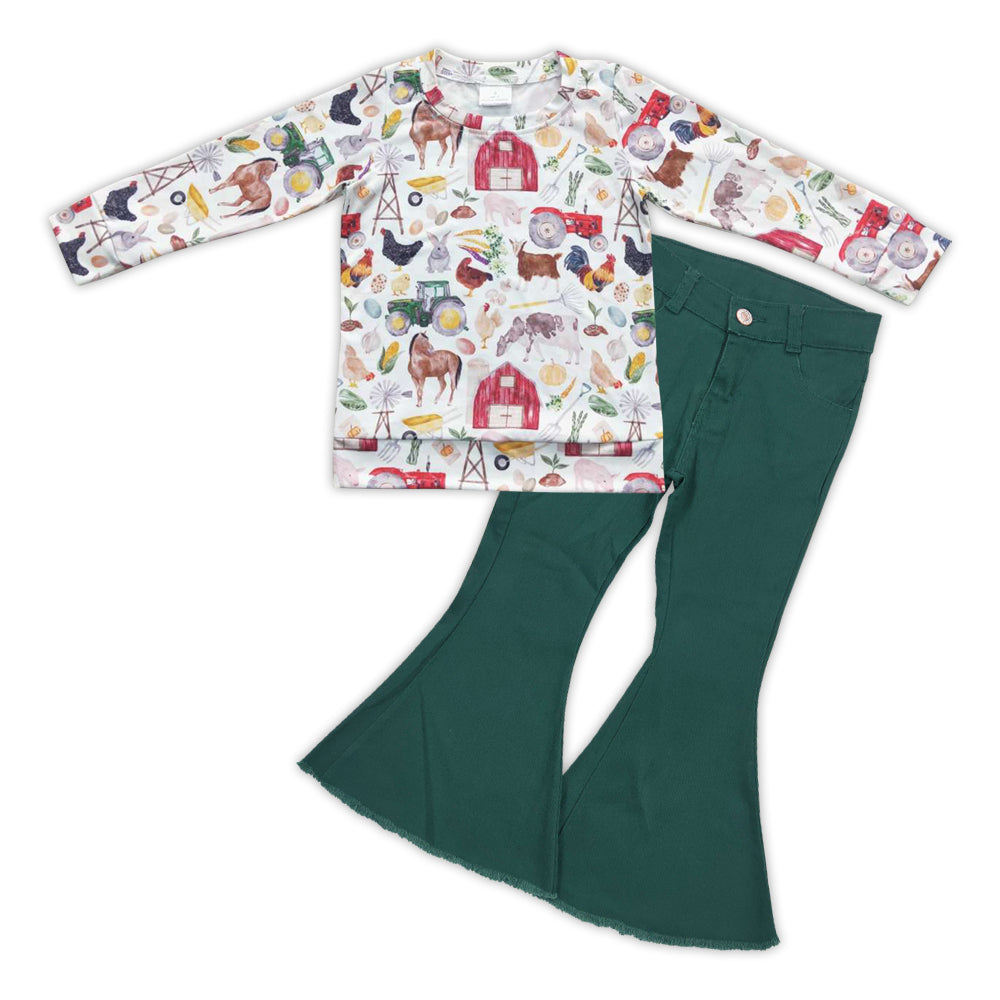 girls long sleeve farm animal top green jeans pants outfit