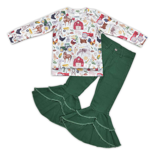 girls long sleeve farm animal top green ruffles jeans pants clothing set