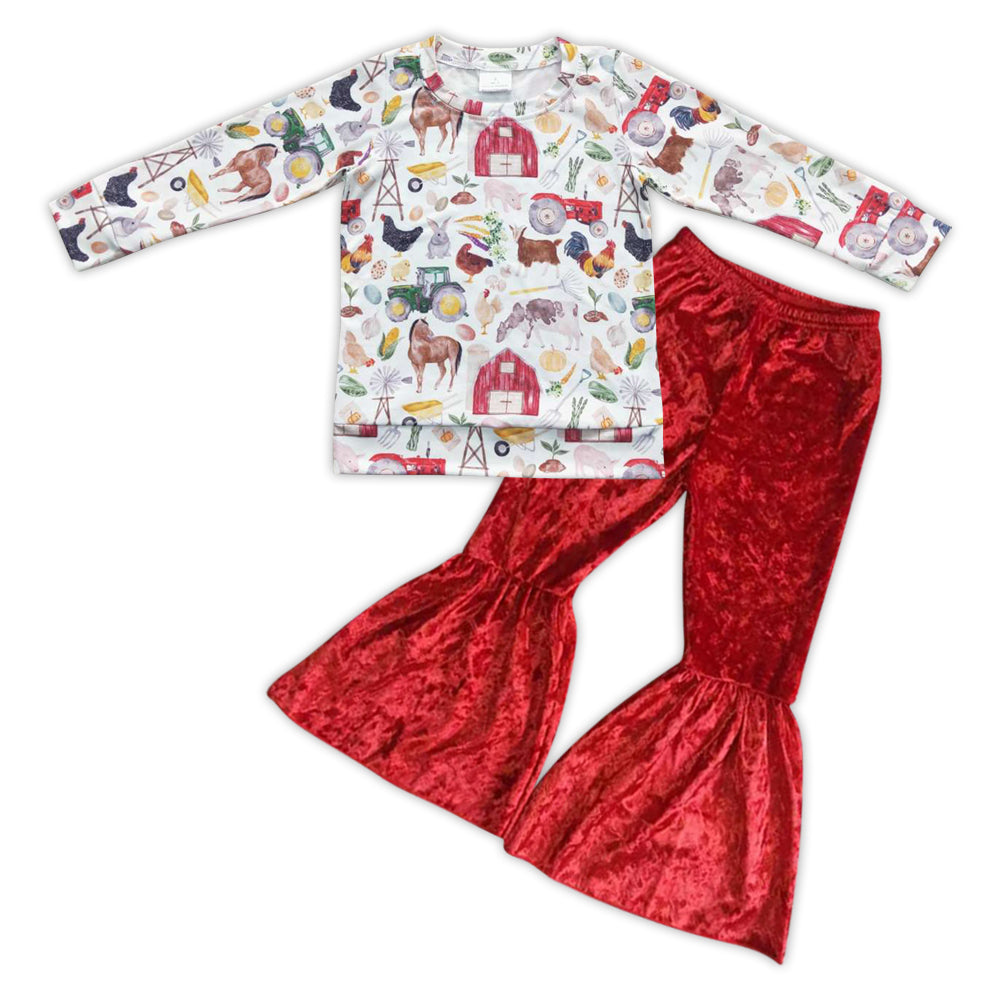 girls long sleeve farm animal top red velvet pants clothes set