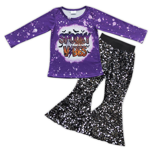 girls long sleeve spooky t-shirt black sequins pants outfit