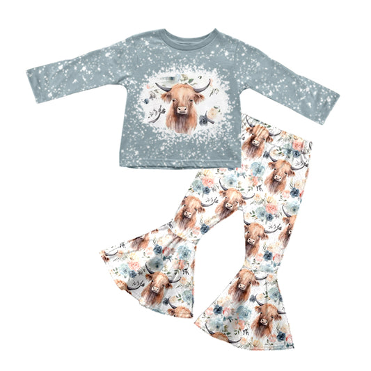 toddle  girls long sleeve highland cow floral boutique clothing set preorder