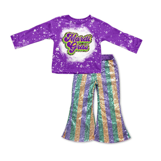 girls long sleeve top sparking bell  bottoms Mardi Gras clothes set preorder