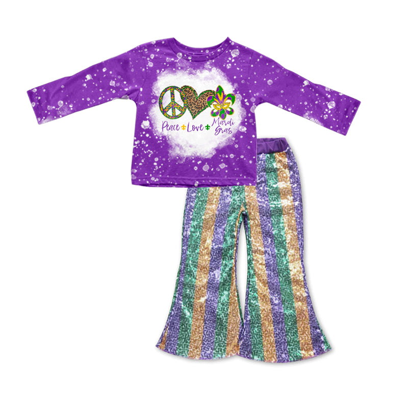 peace love Mardi Gras top sparking bell  bottoms pants clothes set preorder