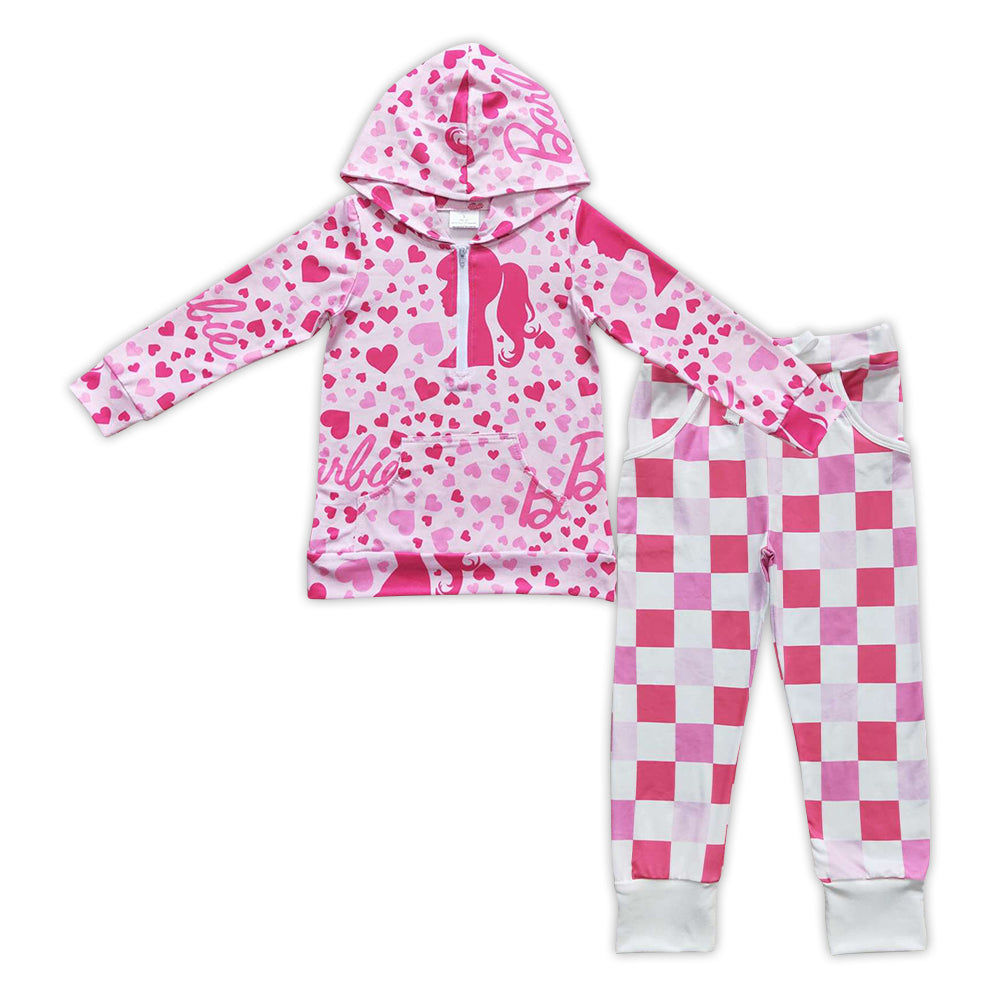 kids long sleeve pink doll hoodie top checkered pants outfit