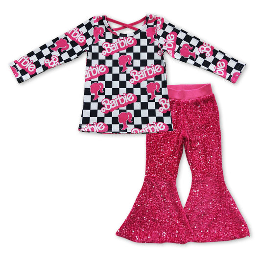 girls long sleeve pink doll top hot pink sequins pants outfit