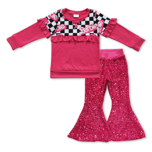 girls long sleeve pink doll ruffle top hot pink sequins pants outfit