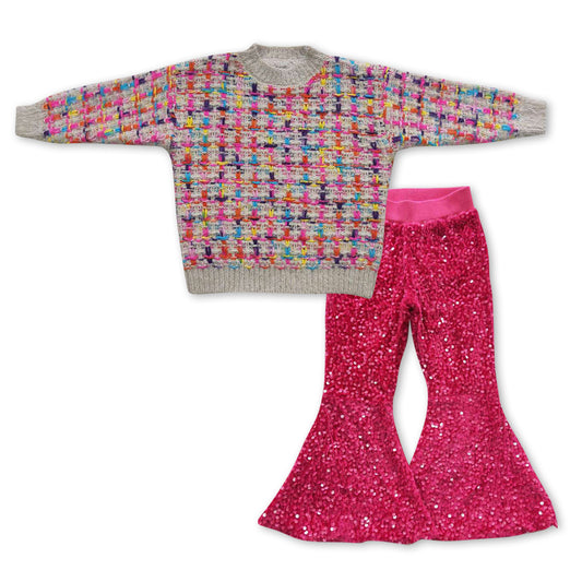 colorful sweater hot pink sequins bell bottoms clothes set
