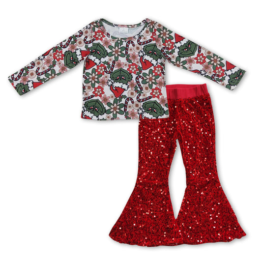 Merry Christmas green face top red sequins pants outfit