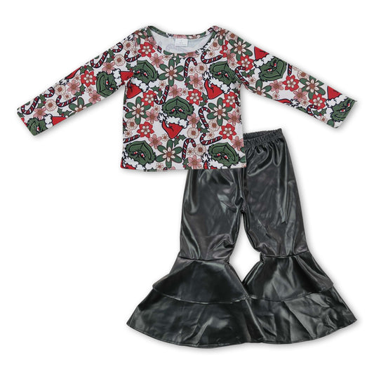 Christmas long sleeve green face top black pu leather bell bottoms pants outfit