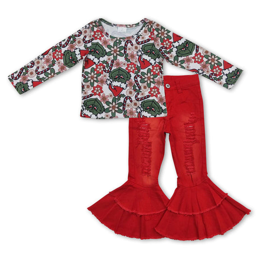 Christmas green face top red distressed jeans pants outfit