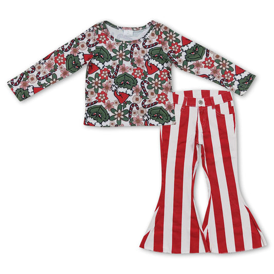 Christmas green face top red stripes jeans pants outfit