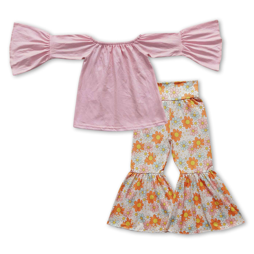 flower girls pink long sleeve top floral bell  bottoms boutique outfit