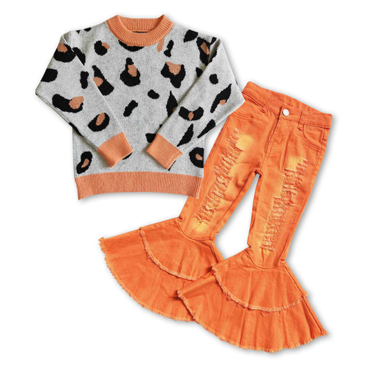 girls fall winter sweater orange distressed jeans pants 2pcs clothing set