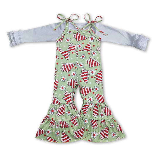 White top Christmas tree cake suspender pants outfit