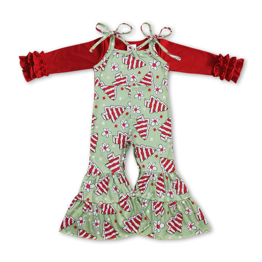 red top Christmas tree cake suspender pants outfit