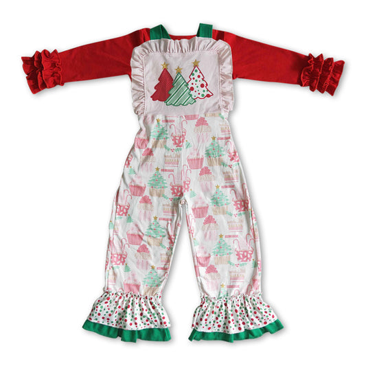 red cotton top Christmas tree suspender pants outfit