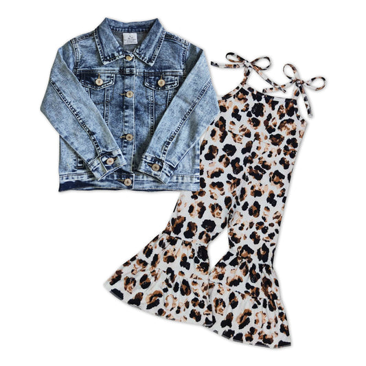 baby girls jeans coat cheetah jumpsuit 2pcs outfit